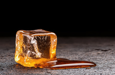 Amber-colored ice cube on dark surfaceの素材