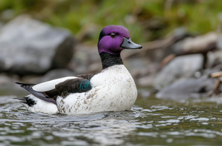 Vibrant purple duck swimming in waterの素材