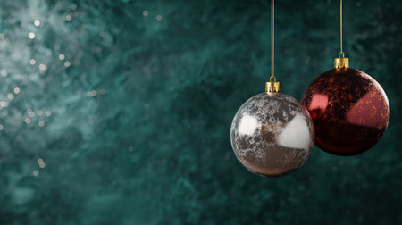 festive christmas ornaments hanging on green backgroundの素材