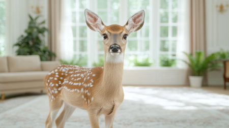 curious deer in cozy home interiorの素材