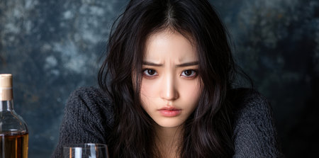 Pensive young asian woman with dark hairの素材