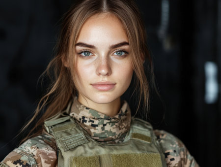 Serious young woman in military uniformの素材