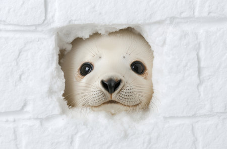 Adorable baby seal peeking out from snowの素材