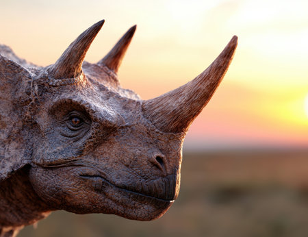 Majestic rhinoceros portrait at sunsetの素材