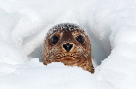 Adorable seal pup peeking out of snowの素材