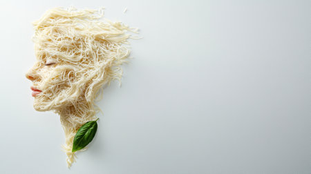Tangled pasta noodles with fresh basil leafの素材
