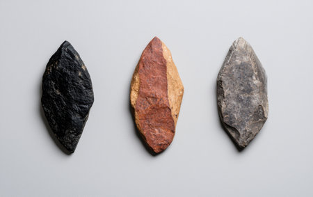 three natural stone arrowheads on a white backgroundの素材