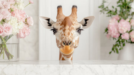 Curious giraffe peeking through flowersの素材