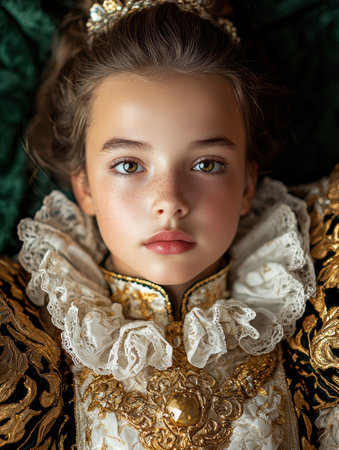 Elegant young woman in ornate golden dress and crownの素材