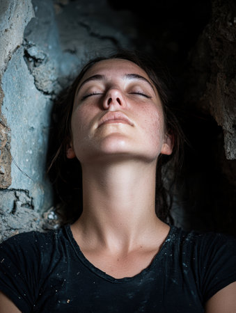 Pensive woman with eyes closed in dark environmentの素材
