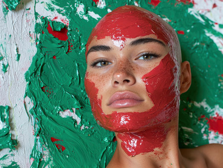 close-up portrait of a person with colorful paint on their faceの素材
