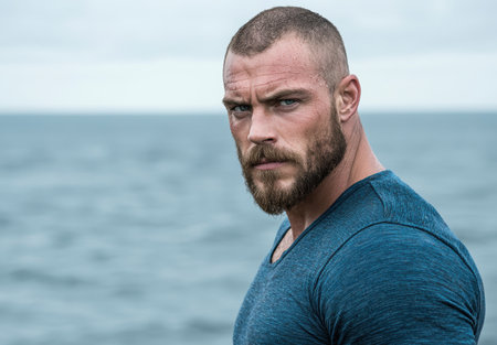 Rugged bearded man with intense gaze near the oceanの素材