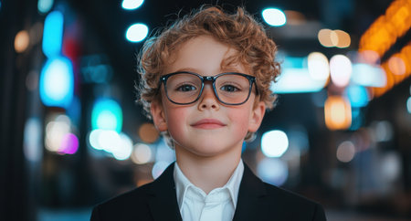 young boy in formal wear with curly hair and glassesの素材