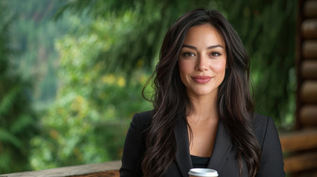 Confident woman in black suit smiling outdoorsの素材