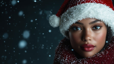 winter portrait of a woman in a red hatの素材