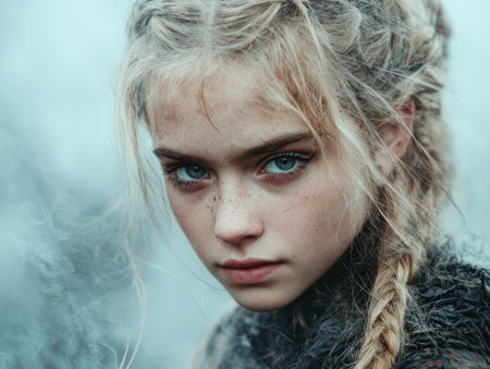 Captivating portrait of a pensive young woman with striking blue eyes and windswept blonde hairの素材