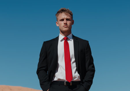 Serious young businessman in black suit and red tieの素材