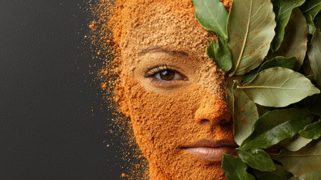 close-up portrait of a person's face covered in spicesの素材