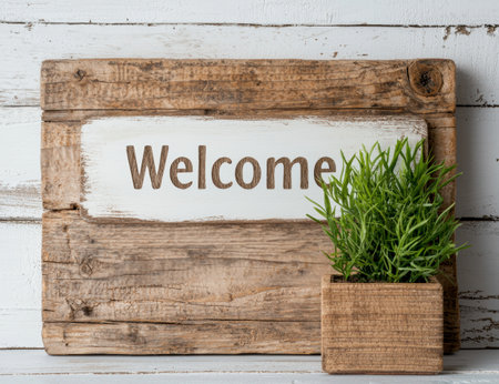 Rustic welcome sign with potted plantの素材