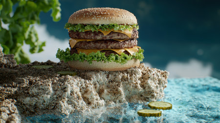 Delicious cheeseburger on rocky cliff overlooking oceanの素材