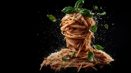 Delicious spaghetti with tomato sauce and fresh basilの素材