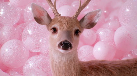 Cute deer in pink bubble backgroundの素材