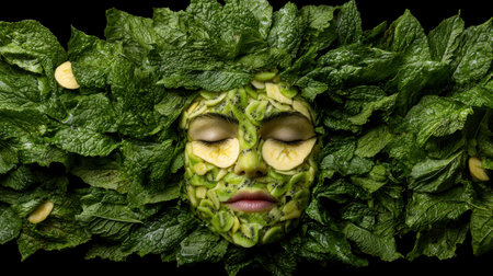 green face made of leaves and fruitの素材