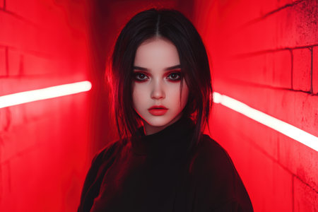Mysterious woman in dark attire against red backdropの素材
