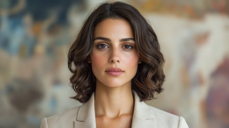 Elegant woman with wavy brown hair in a neutral-colored blazerの素材