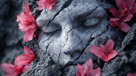 Serene stone face with vibrant red flowersの素材
