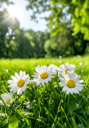 Bright white daisies in a lush green fieldの素材