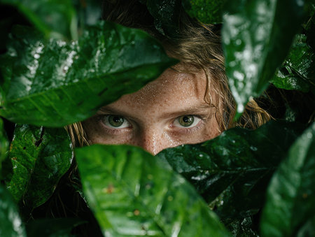 Mysterious eyes peering through lush foliageの素材