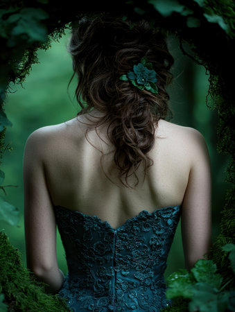 mysterious woman in forest with floral hair accessoryの素材