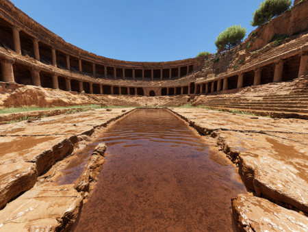 ancient roman amphitheater ruins with water featureの素材