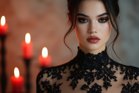 Elegant woman with dramatic makeup and lace dressの素材