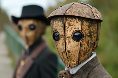 Vintage robot figure with weathered metal body and black hatの素材