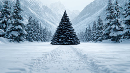 Snowy winter landscape with lone pine treeの素材