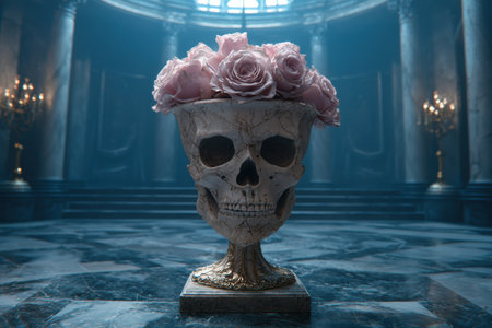 Skull vase with pink roses in dark chamberの素材