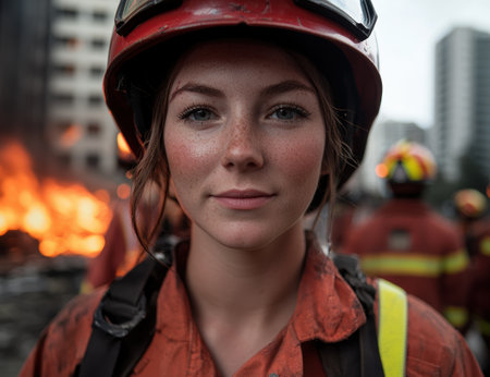 portrait of a female firefighter in uniformの素材