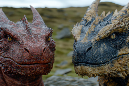Close-up of two fierce dragon-like creatures facing each otherの素材