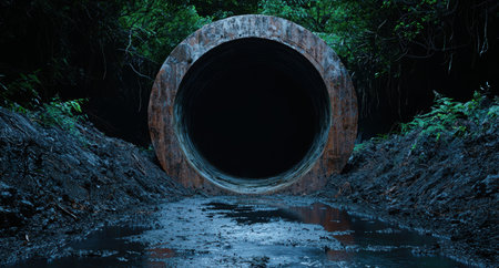 Mysterious dark tunnel in lush forest landscapeの素材