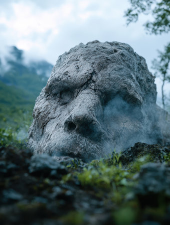 Mysterious stone face in the forestの素材