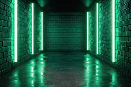 Mysterious green neon-lit brick tunnelの素材