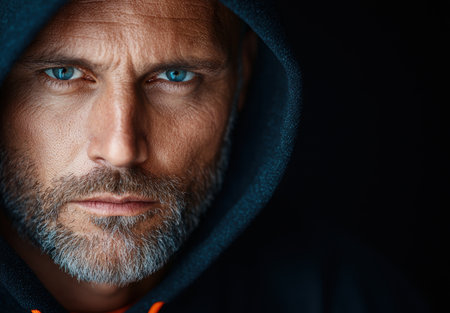 Intense gaze of a bearded man in a hooded jacketの素材