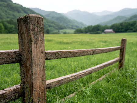 Rustic wooden fence in lush green meadowの素材