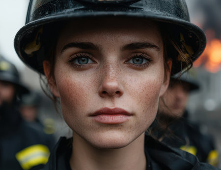 Intense gaze of a determined woman in uniformの素材