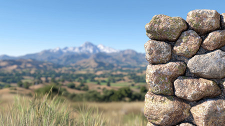 Scenic mountain landscape with stone wall in foregroundの素材