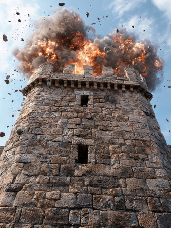 Explosive destruction of ancient stone castle towerの素材