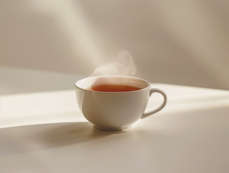 steaming cup of tea on a tableの素材