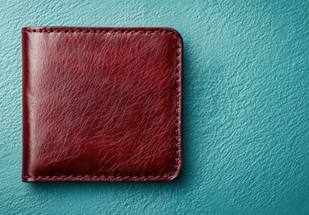 Burgundy leather wallet on teal backgroundの素材